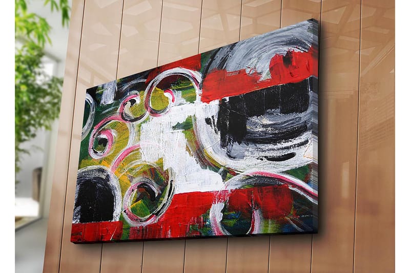 Canvastavla 70x100 cm - Abstrakt komposition med svarta cirklar och spiralformer i kontrasterande färger - Röd / Svart / Vit - Inredning & dekor - Tavlor & konst - Canvastavla