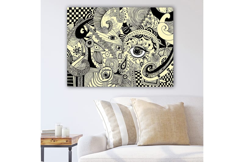 Canvastavla 70x100 cm - Abstrakt komposition med svarta linjer och mönster på en ljus bakgrund, Svart / Ljusgul