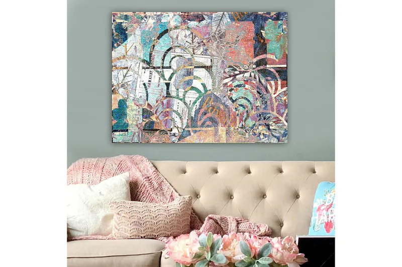 Canvastavla 70x100 cm - Abstrakt komposition med växtmotiv och texturer som skapar en känsla av djup och rörelse - Turkos / Röd / Grön - Inredning & dekor - Tavlor & konst - Canvastavla