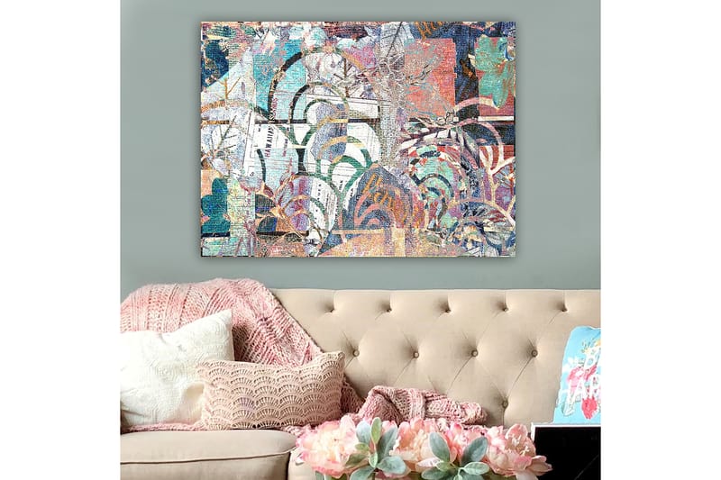 Canvastavla 70x100 cm - Abstrakt komposition med växtmotiv och texturer som skapar en känsla av djup och rörelse - Turkos / Röd / Grön - Inredning & dekor - Tavlor & konst - Canvastavla