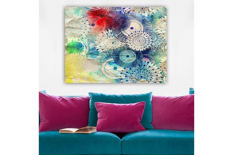 Canvastavla 70x100 cm - Abstrakt konst med cirkulära mönster i olika färger, Blå / Röd / Grön