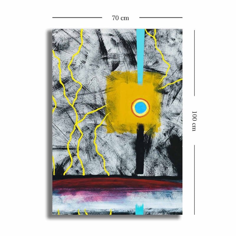 Canvastavla 70x100 cm - Abstrakt konst med en central gul fyrkant och en blå cirkel, omgiven av svarta och vita linjer - Gul / Svart / Blå - Inredning & dekor - Tavlor & konst - Canvastavla