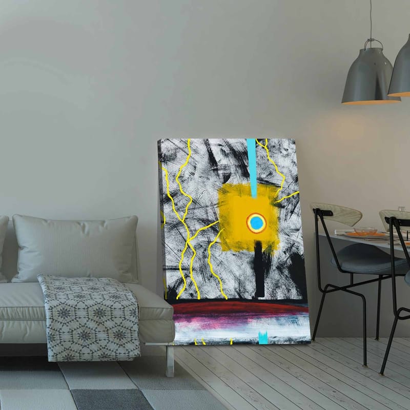 Canvastavla 70x100 cm - Abstrakt konst med en central gul fyrkant och en blå cirkel, omgiven av svarta och vita linjer, Gul / Svart / Blå