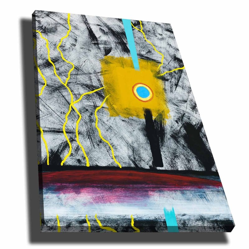 Canvastavla 70x100 cm - Abstrakt konst med en central gul fyrkant och en blå cirkel, omgiven av svarta och vita linjer - Gul / Svart / Blå - Inredning & dekor - Tavlor & konst - Canvastavla