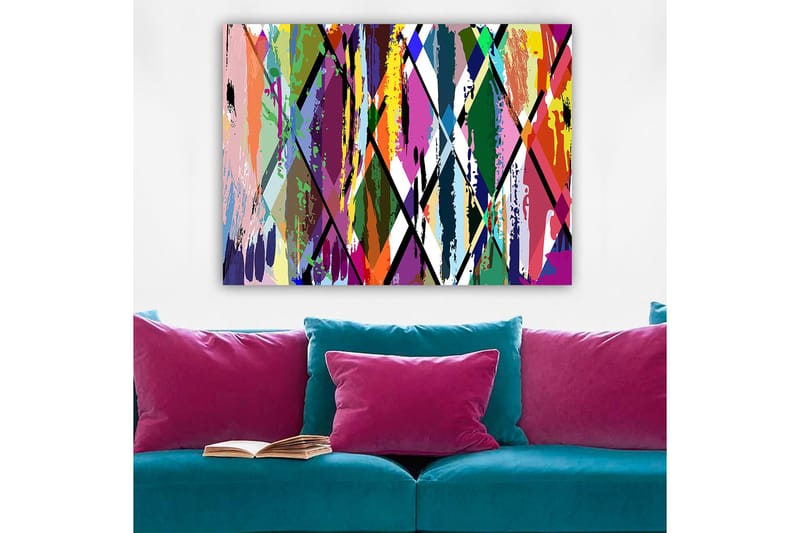 Canvastavla 70x100 cm - Abstrakt konst med färgglada geometriska mönster, Lila / Grön / Orange