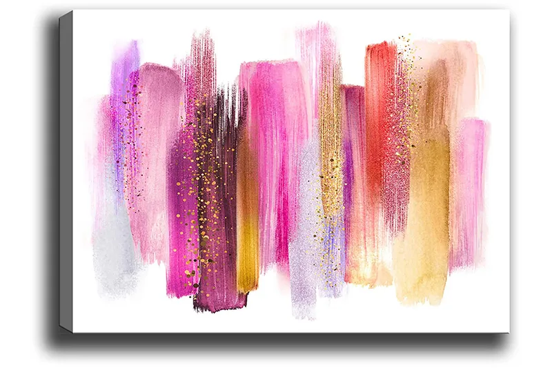 Canvastavla 70x100 cm - Abstrakt konst med färgglada penseldrag i rosa och guldtoner - Rosa / Guld / Röd - Inredning & dekor - Tavlor & konst - Canvastavla