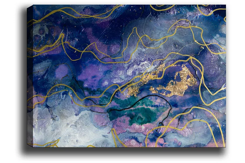 Canvastavla 70x100 cm - Abstrakt konst med flödande former i djupa blå och lila nyanser - Mörkblå / Lila / Guld - Inredning & dekor - Tavlor & konst - Canvastavla