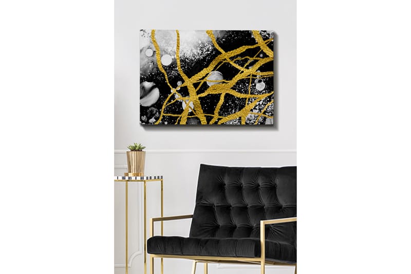 Canvastavla 70x100 cm - Abstrakt konst med guldtrådar som skapar dynamiska linjer mot en svart och vit bakgrund - Guld / Svart / Vit - Inredning & dekor - Tavlor & konst - Canvastavla