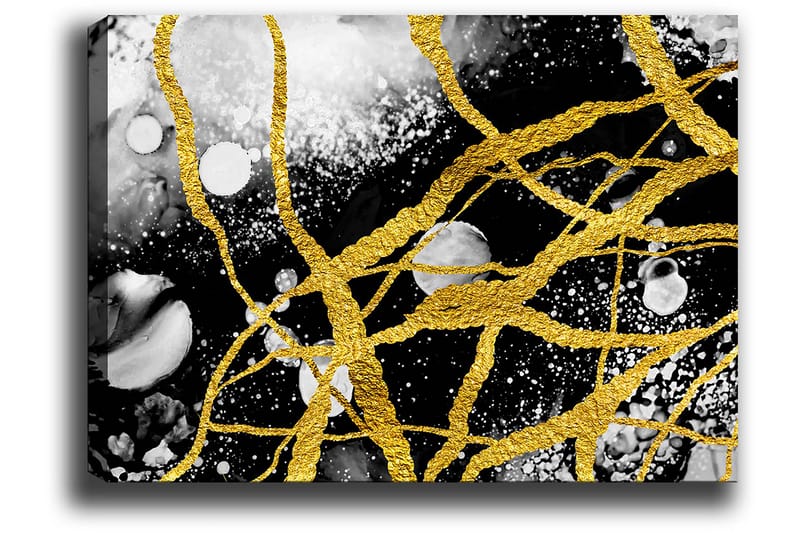 Canvastavla 70x100 cm - Abstrakt konst med guldtrådar som skapar dynamiska linjer mot en svart och vit bakgrund - Guld / Svart / Vit - Inredning & dekor - Tavlor & konst - Canvastavla