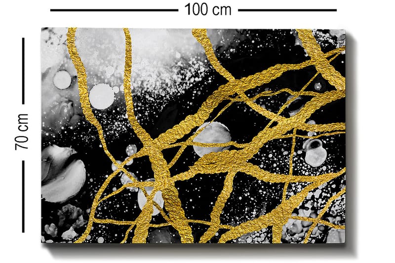 Canvastavla 70x100 cm - Abstrakt konst med guldtrådar som skapar dynamiska linjer mot en svart och vit bakgrund - Guld / Svart / Vit - Inredning & dekor - Tavlor & konst - Canvastavla