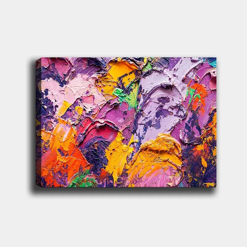 Canvastavla 70x100 cm - Abstrakt konst med livliga färger och texturer som skapar en dynamisk komposition, Lila / Orange / Rosa