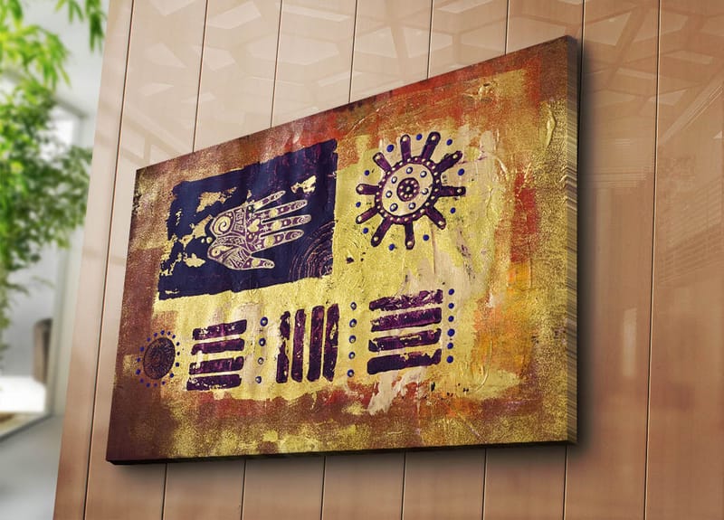 Canvastavla 70x100 cm - Abstrakt konst med symboler och mönster i en färgglad komposition - Guld / Mörkblå / Lila - Inredning & dekor - Tavlor & konst - Canvastavla