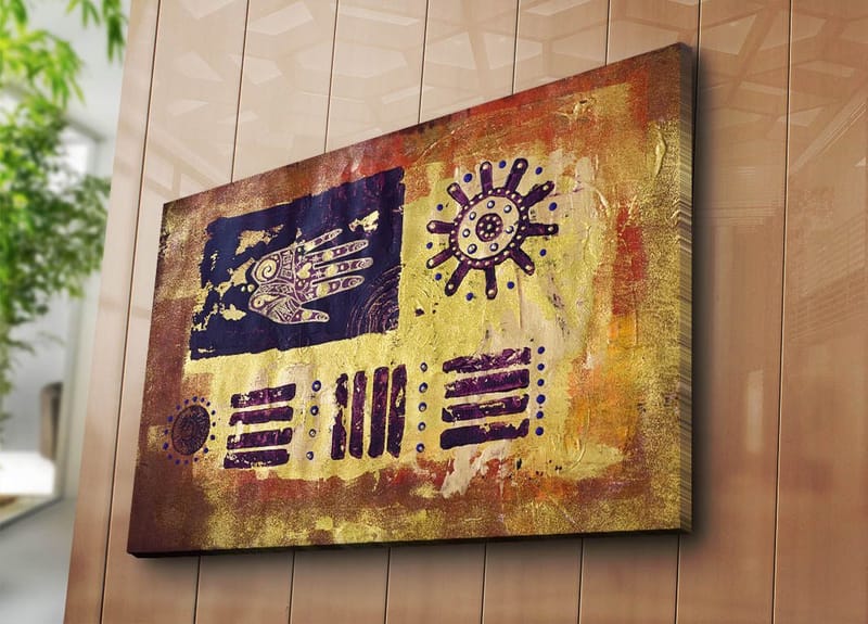 Canvastavla 70x100 cm - Abstrakt konst med symboler och mönster i en färgglad komposition - Guld / Mörkblå / Lila - Inredning & dekor - Tavlor & konst - Canvastavla