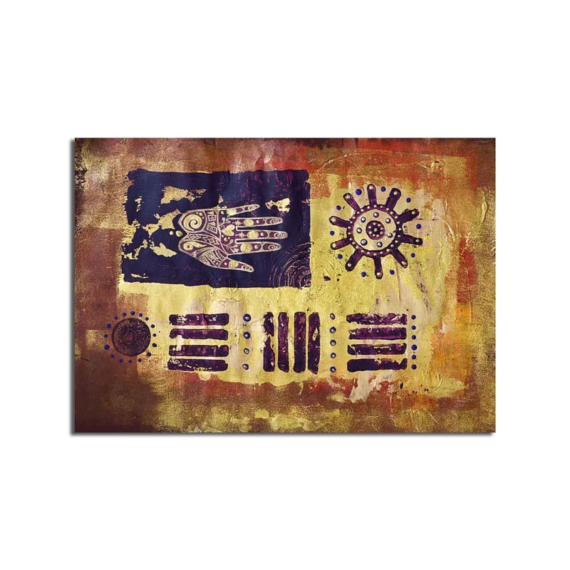 Canvastavla 70x100 cm - Abstrakt konst med symboler och mönster i en färgglad komposition - Guld / Mörkblå / Lila - Inredning & dekor - Tavlor & konst - Canvastavla