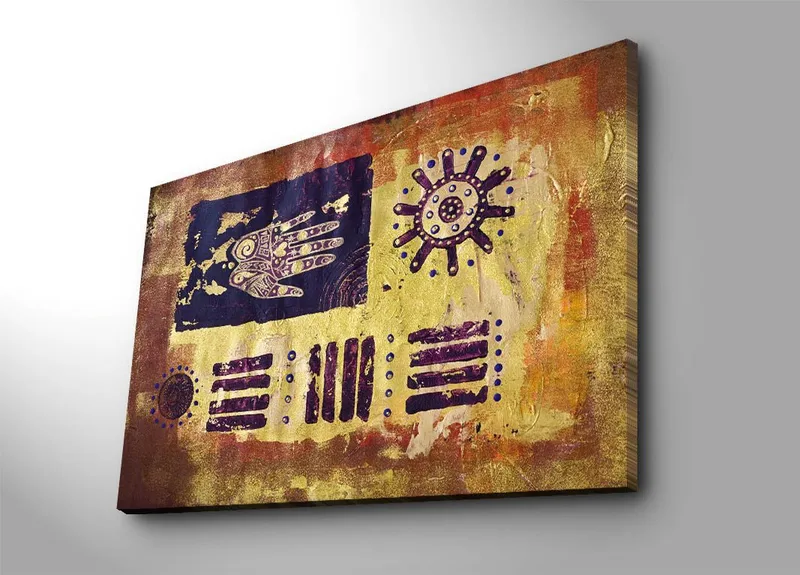 Canvastavla 70x100 cm - Abstrakt konst med symboler och mönster i en färgglad komposition, Guld / Mörkblå / Lila