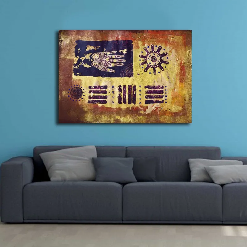 Canvastavla 70x100 cm - Abstrakt konst med symboler och mönster i en färgglad komposition - Guld / Mörkblå / Lila - Inredning & dekor - Tavlor & konst - Canvastavla