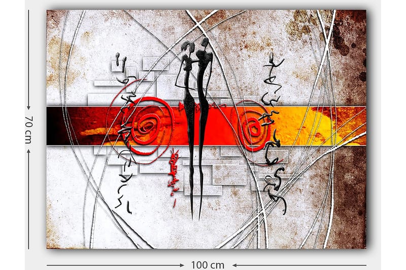 Canvastavla 70x100 cm - Abstrakt konst med två stiliserade figurer som står nära varandra, omgivna av spiraler och linjer - Röd / Svart / Orange - Inredning & dekor - Tavlor & konst - Canvastavla