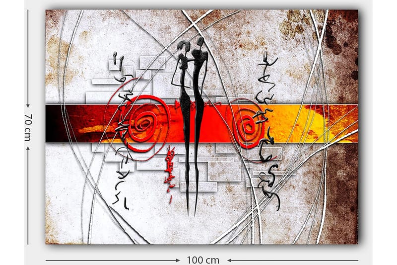 Canvastavla 70x100 cm - Abstrakt konst med två stiliserade figurer som står nära varandra, omgivna av spiraler och linjer - Röd / Svart / Orange - Inredning & dekor - Tavlor & konst - Canvastavla