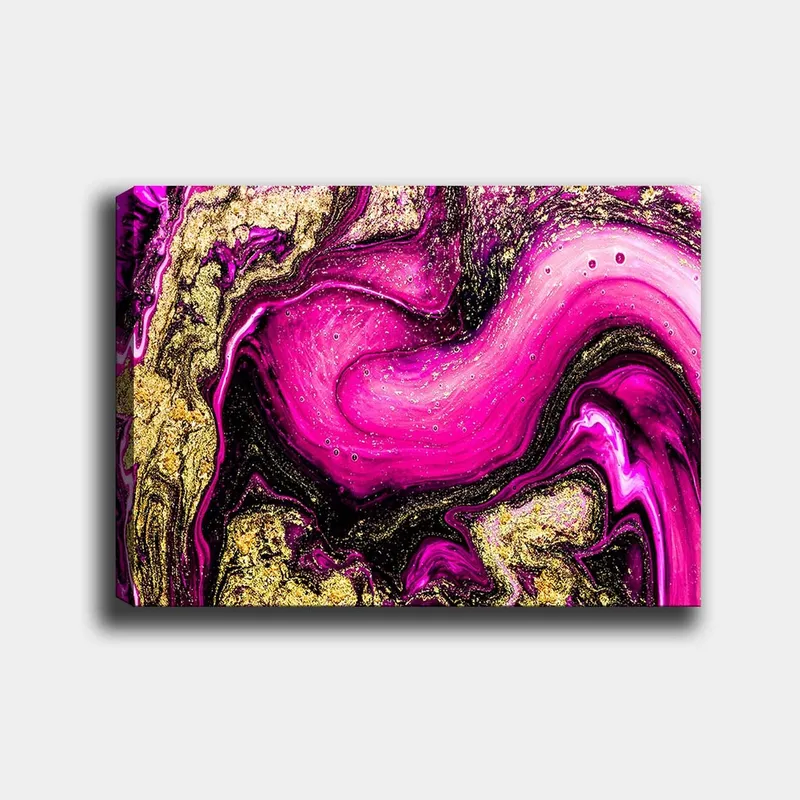 Canvastavla 70x100 cm - Abstrakt konst med virvlande rosa och guldiga mönster, Rosa / Guld / Svart