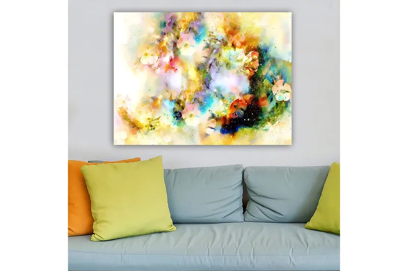 Canvastavla 70x100 cm - Abstrakt konstverk med färgexplosioner som skapar en drömlik atmosfär - Blå / Gul / Rosa - Inredning & dekor - Tavlor & konst - Canvastavla