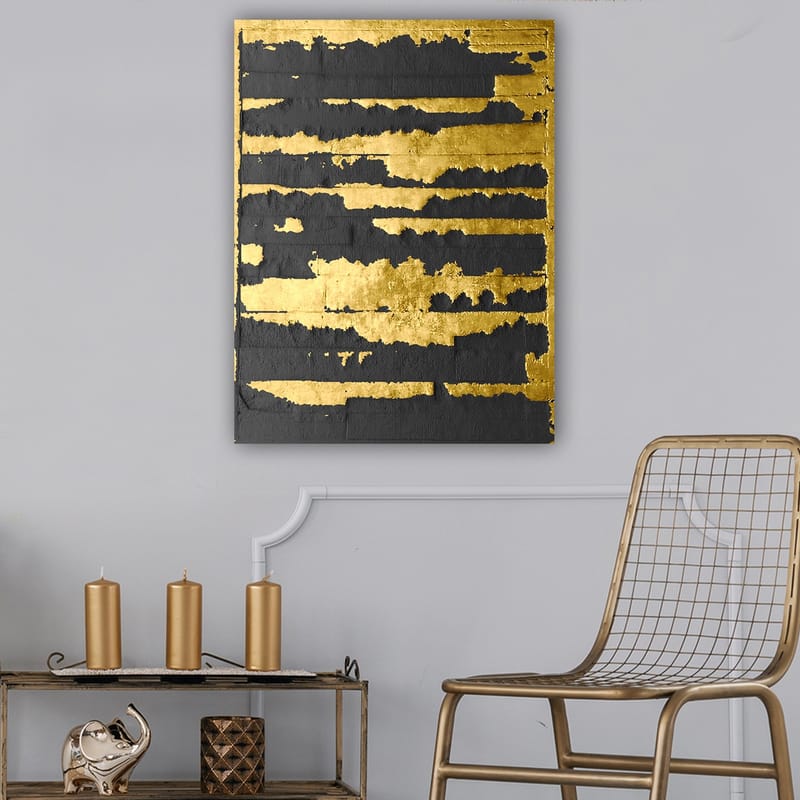 Canvastavla 70x100 cm - Abstrakt konstverk med guld- och svartfärgade linjer som skapar en dynamisk och modern komposition - Guld / Svart - Inredning & dekor - Tavlor & konst - Canvastavla