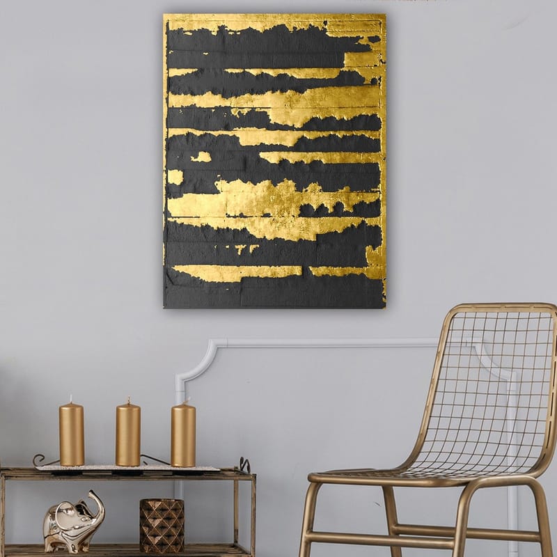 Canvastavla 70x100 cm - Abstrakt konstverk med guld- och svartfärgade linjer som skapar en dynamisk och modern komposition - Guld / Svart - Inredning & dekor - Tavlor & konst - Canvastavla