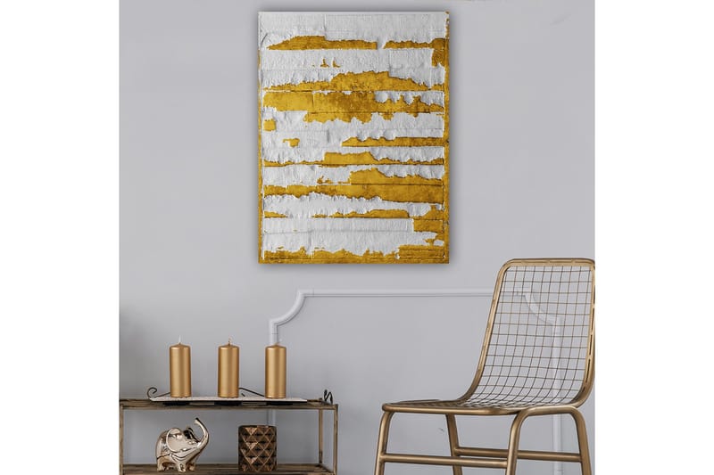 Canvastavla 70x100 cm - Abstrakt konstverk med guld- och vitfärgade linjer som skapar en dynamisk textur - Guld / Vit - Inredning & dekor - Tavlor & konst - Canvastavla