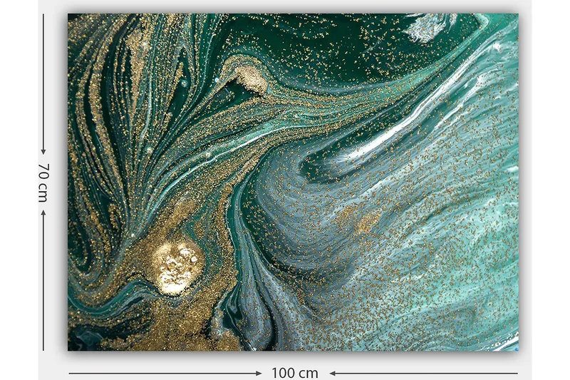 Canvastavla 70x100 cm - Abstrakt konstverk med svarta och guldiga mönster som skapar en känsla av rörelse och djup - Mörkgrön / Guld / Ljusblå - Inredning & dekor - Tavlor & konst - Canvastavla