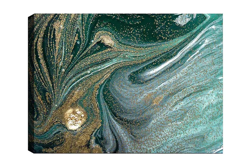 Canvastavla 70x100 cm - Abstrakt konstverk med svarta och guldiga mönster som skapar en känsla av rörelse och djup, Mörkgrön / Guld / Ljusblå