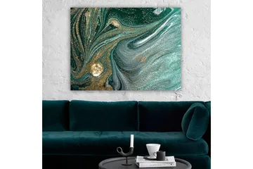 Canvastavla 70x100 cm - Abstrakt konstverk med svarta och guldiga mönster som skapar en känsla av rörelse och djup - Mörkgrön / Guld / Ljusblå - Inredning & dekor - Tavlor & konst - Canvastavla