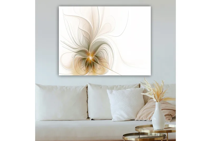 Canvastavla 70x100 cm - Abstrakt konstverk med svävande linjer och former som skapar en känsla av rörelse och ljus - Ljusbeige / Guld / Grå - Inredning & dekor - Tavlor & konst - Canvastavla