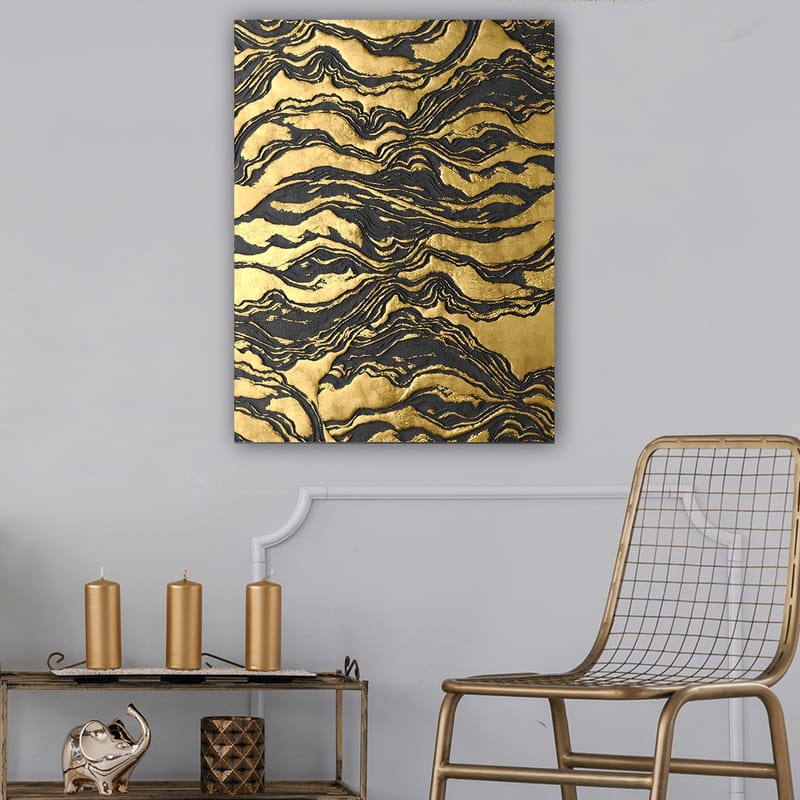 Canvastavla 70x100 cm - Abstrakt konstverk med vågiga mönster i guld och svart, Guld / Svart