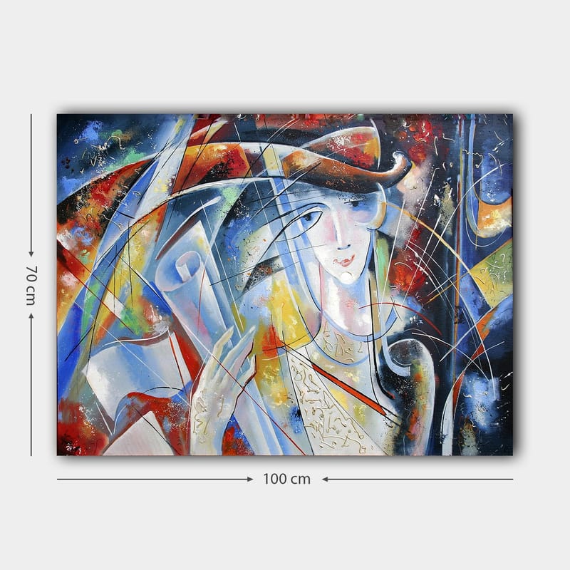 Canvastavla 70x100 cm - Abstrakt kvinna med rullad pergament i handen, omgiven av färgglada former och linjer - Blå / Röd / Vit - Inredning & dekor - Tavlor & konst - Canvastavla