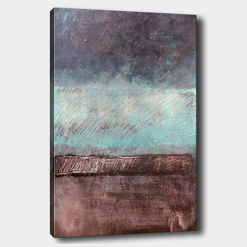 Canvastavla 70x100 cm - Abstrakt landskap med en horisontlinje i dämpade färger, Turkos / Mörkbrun / Grå