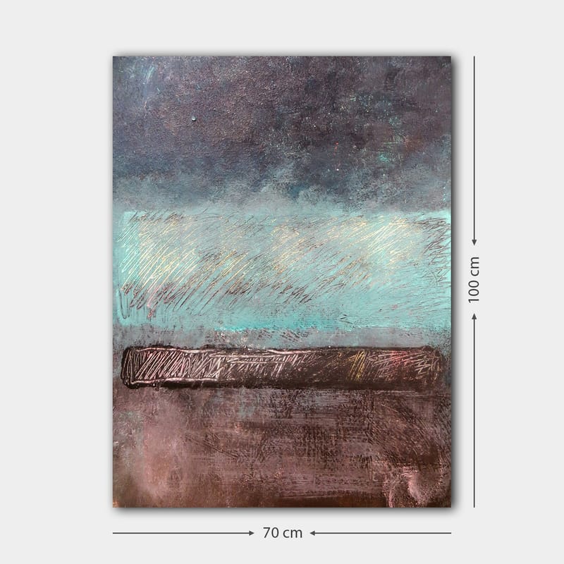 Canvastavla 70x100 cm - Abstrakt landskap med en horisontlinje i dämpade färger - Turkos / Mörkbrun / Grå - Inredning & dekor - Tavlor & konst - Canvastavla