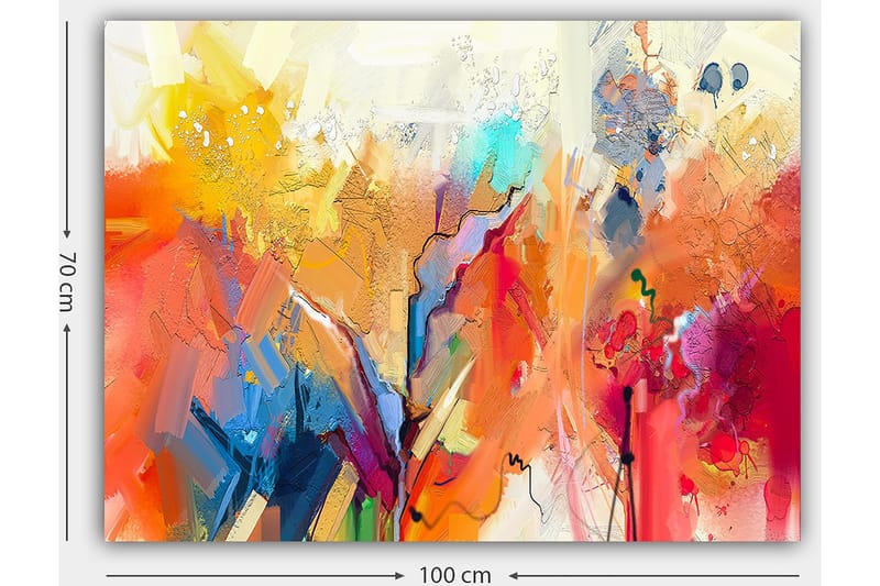 Canvastavla 70x100 cm - Abstrakt landskap med färgsprakande former och dynamiska linjer - Orange / Gult / Blått - Inredning & dekor - Tavlor & konst - Canvastavla