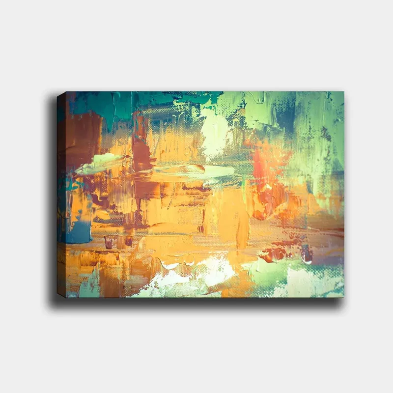 Canvastavla 70x100 cm - Abstrakt landskap med varma och kalla färger som skapar en dynamisk komposition, Grön / Orange / Blå