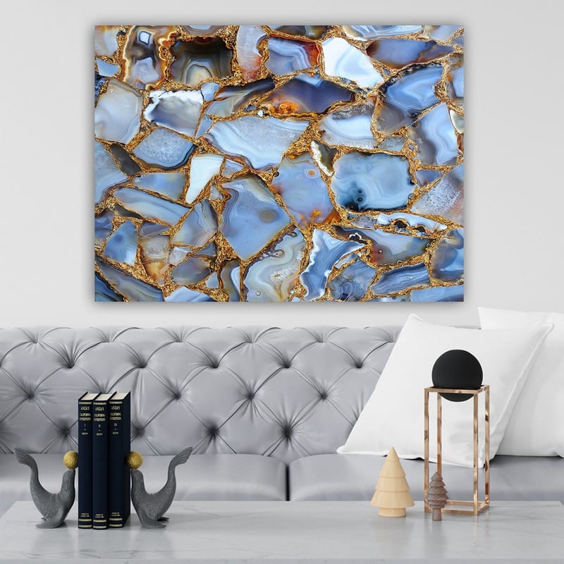 Canvastavla 70x100 cm - Abstrakt mönster av blå och gyllene agater - Blå / Gyllene / Vit - Inredning & dekor - Tavlor & konst - Canvastavla