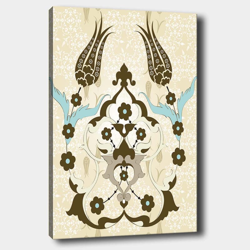 Canvastavla 70x100 cm - Abstrakt mönster med blommor och växtmotiv i en elegant design, Mörkbrun / Ljusblå / Beige