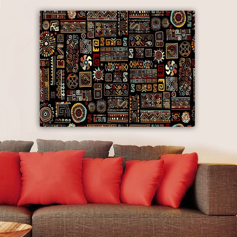 Canvastavla 70x100 cm - Abstrakt mönster med geometriska former och symboler i en färgglad komposition - Svart / Röd / Gul - Inredning & dekor - Tavlor & konst - Canvastavla