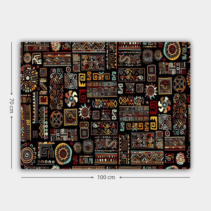 Canvastavla 70x100 cm - Abstrakt mönster med geometriska former och symboler i en färgglad komposition - Svart / Röd / Gul - Inredning & dekor - Tavlor & konst - Canvastavla