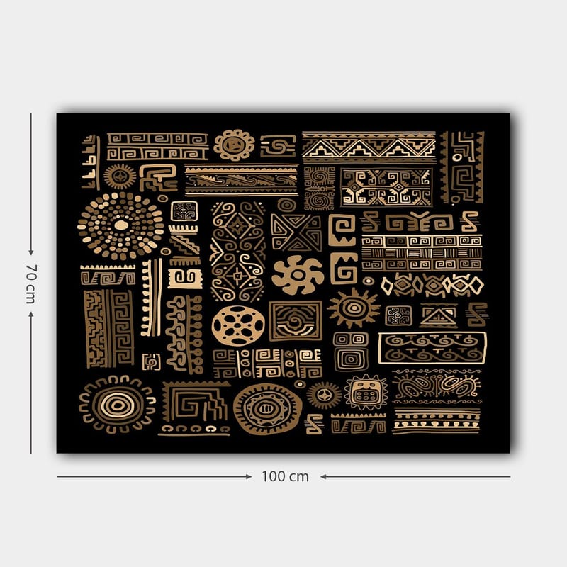 Canvastavla 70x100 cm - Abstrakt mönster med geometriska former och symboler i guld mot en svart bakgrund - Guld / Svart - Inredning & dekor - Tavlor & konst - Canvastavla