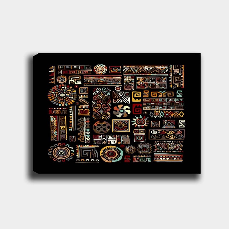 Canvastavla 70x100 cm - Abstrakt mönster med geometriska former och symboler i starka färger - Röd / Gul / Svart - Inredning & dekor - Tavlor & konst - Canvastavla