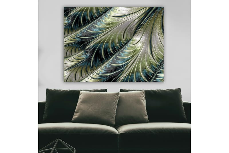 Canvastavla 70x100 cm - Abstrakt mönster med svävande fjädrar i grön och blå nyans - Grön / Blå / Silver - Inredning & dekor - Tavlor & konst - Canvastavla