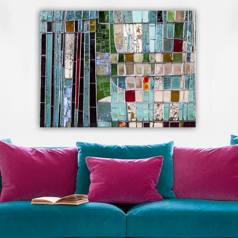 Canvastavla 70x100 cm - Abstrakt mosaik med geometriska former i olika nyanser av grönt och blått - Turkos / Grön / Röd - Inredning & dekor - Tavlor & konst - Canvastavla