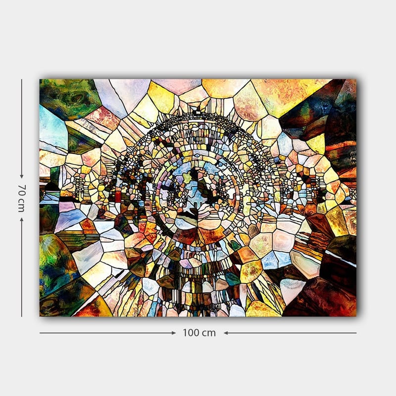 Canvastavla 70x100 cm - Abstrakt mosaikdesign med cirkulära och geometriska former som skapar en känsla av djup och rörelse - Guld / Brunt / Blått - Inredning & dekor - Tavlor & konst - Canvastavla