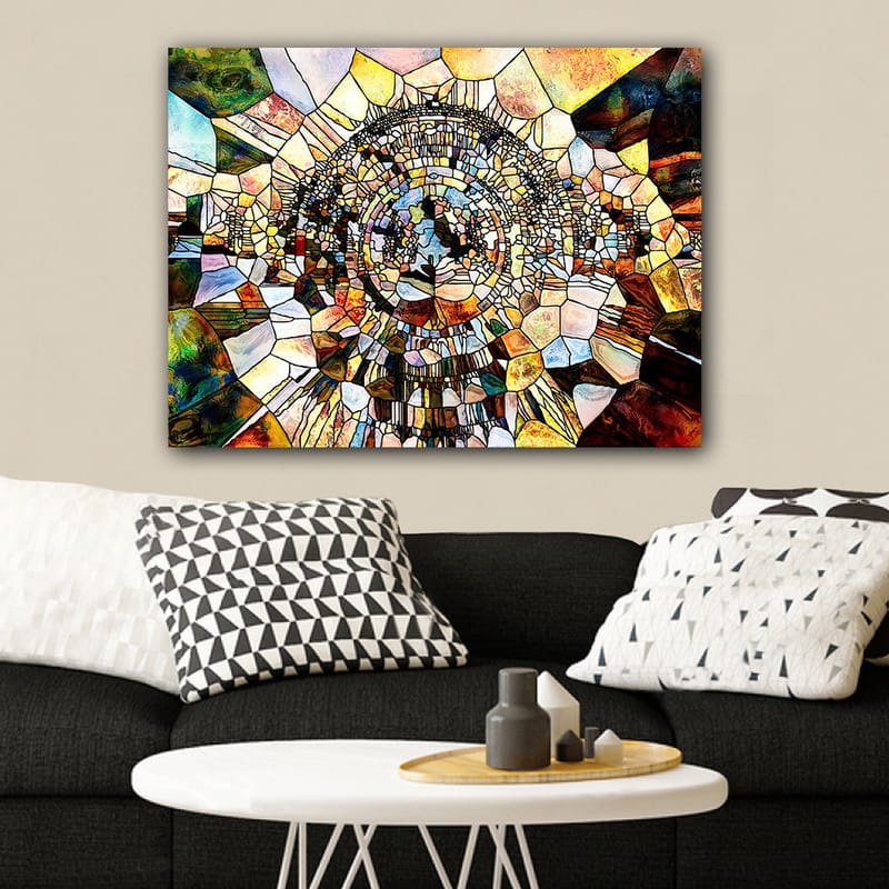 Canvastavla 70x100 cm - Abstrakt mosaikdesign med cirkulära och geometriska former som skapar en känsla av djup och rörelse - Guld / Brunt / Blått - Inredning & dekor - Tavlor & konst - Canvastavla