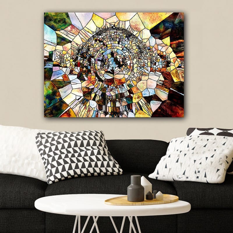 Canvastavla 70x100 cm - Abstrakt mosaikdesign med cirkulära och geometriska former som skapar en känsla av djup och rörelse - Guld / Brunt / Blått - Inredning & dekor - Tavlor & konst - Canvastavla