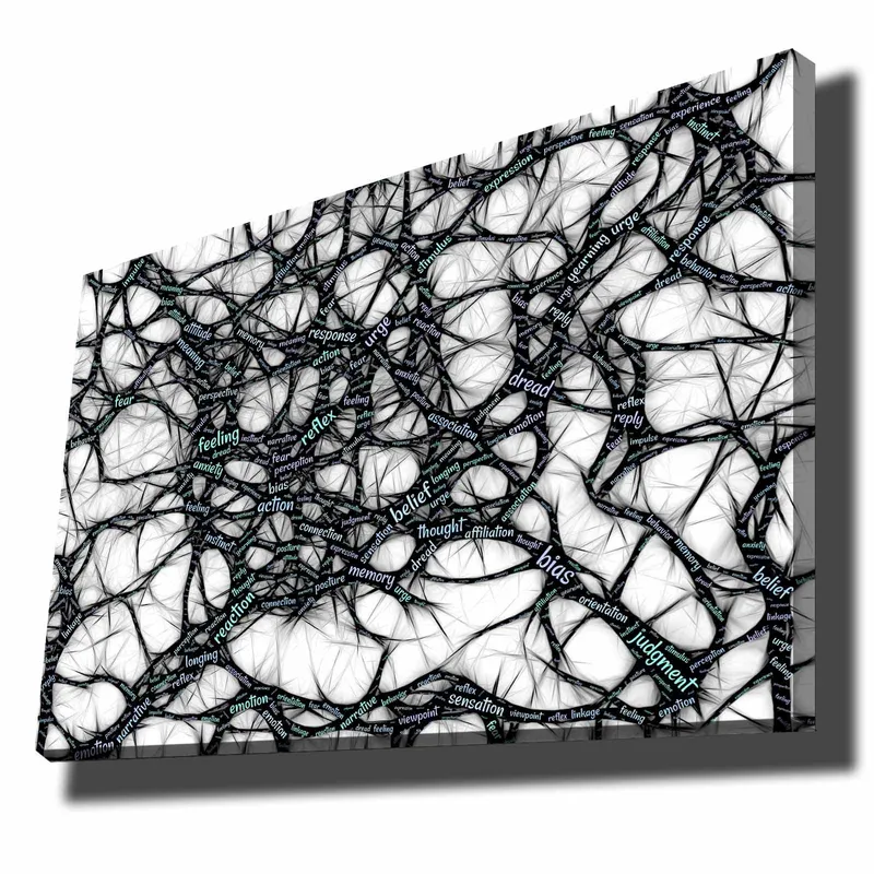 Canvastavla 70x100 cm - Abstrakt nätverk av ord som uttrycker känslor och tankar, Svart / Ljusblå / Vit