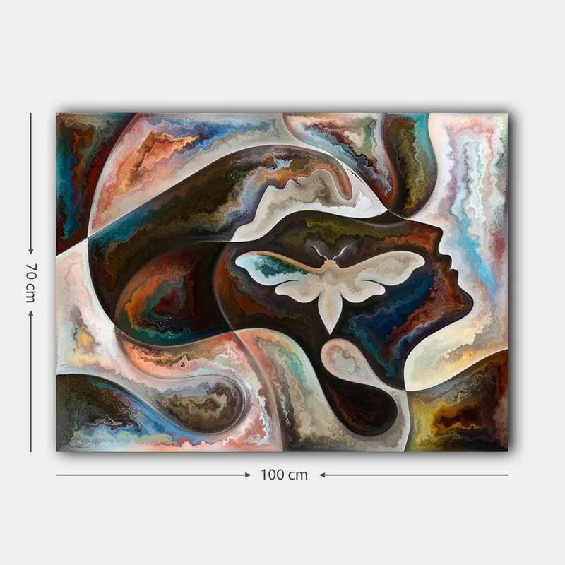 Canvastavla 70x100 cm - Abstrakt skildring av en ansiktsprofil med en fjäril som centralt motiv - Mörkbrun / Beige / Turkos - Inredning & dekor - Tavlor & konst - Canvastavla